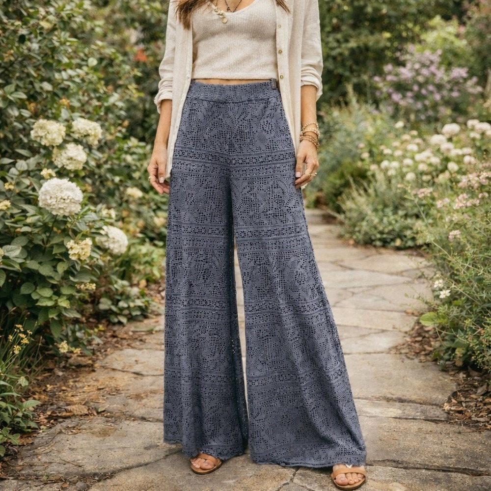 Free People Beach Grey Lace Wide Leg Pants Size Small